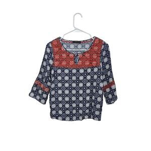 THML Women's Blue/White/Red Embroidered Top Size Small Geometric Lightweight